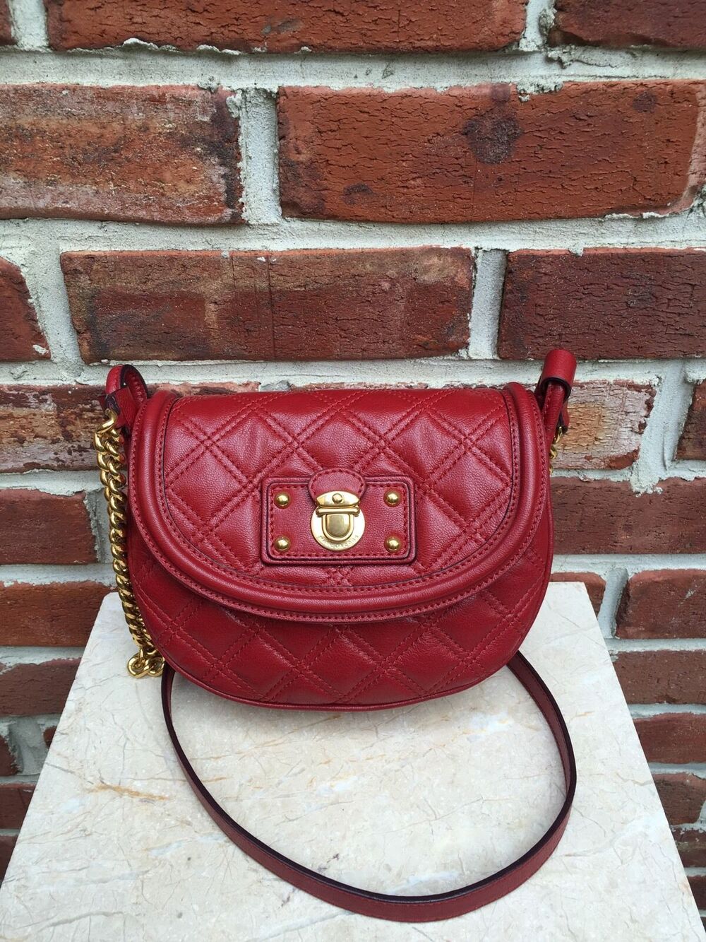 MARC JACOBS Red Quilted Leather Gold Crossbody Bag Shoulder Handbag